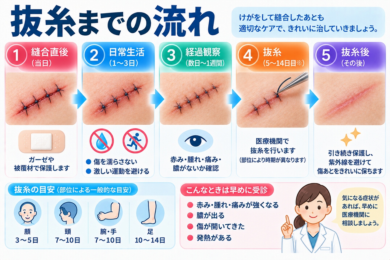 傷を縫合してから抜糸するまでの流れを、縫合直後の保護、日常生活での注意、傷口の経過観察、医療機関での抜糸、抜糸後の傷あとケアまで5段階で示した図