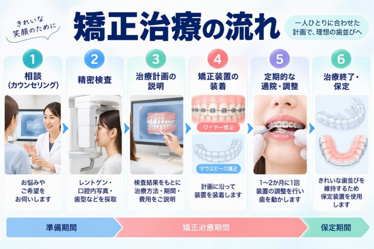 矯正治療の流れについて、カウンセリング、精密検査、治療計画、矯正装置の装着、定期調整、治療後の保定までを順番に示した歯科イラスト
