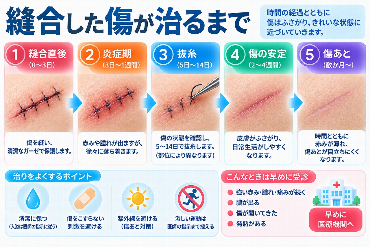 縫合した傷が治るまでの経過を、縫合直後、炎症期、抜糸、傷の安定、傷あとが落ち着くまでの5段階に分け、傷口の変化と受診が必要な症状を示した図
