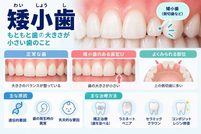 矮小歯について、正常な歯との大きさの違いや上顎側切歯にみられる小さな歯、主な原因と治療方法を示した歯科イラスト