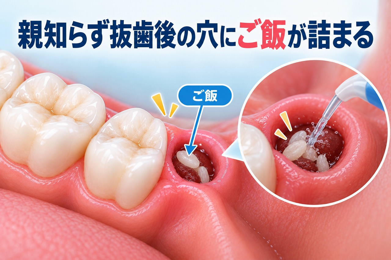 親知らず抜歯後の穴にご飯粒が詰まった状態と洗浄する様子を示したイラスト