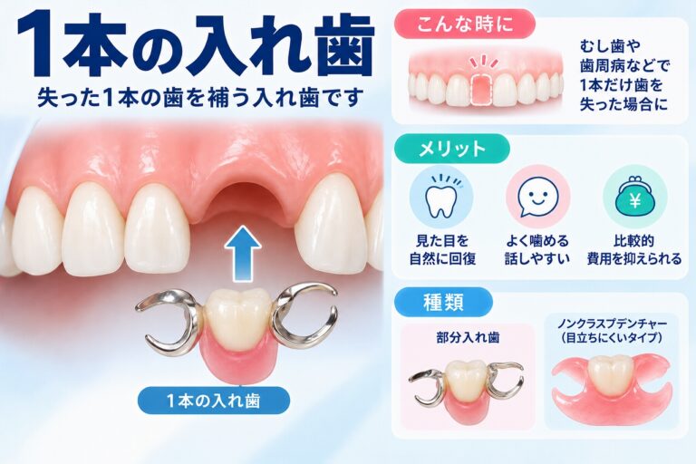 1本だけ歯を失った場合に使用する部分入れ歯について、金属クラスプを使用した入れ歯とノンクラスプデンチャーを比較した歯科イラスト