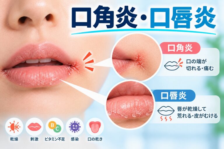 口角炎による口の端のひび割れと、口唇炎による唇の乾燥・皮むけの違いを示したイラスト