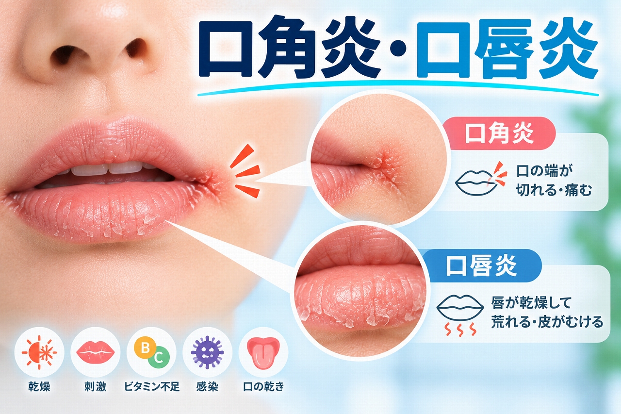 口角炎による口の端のひび割れと、口唇炎による唇の乾燥・皮むけの違いを示したイラスト