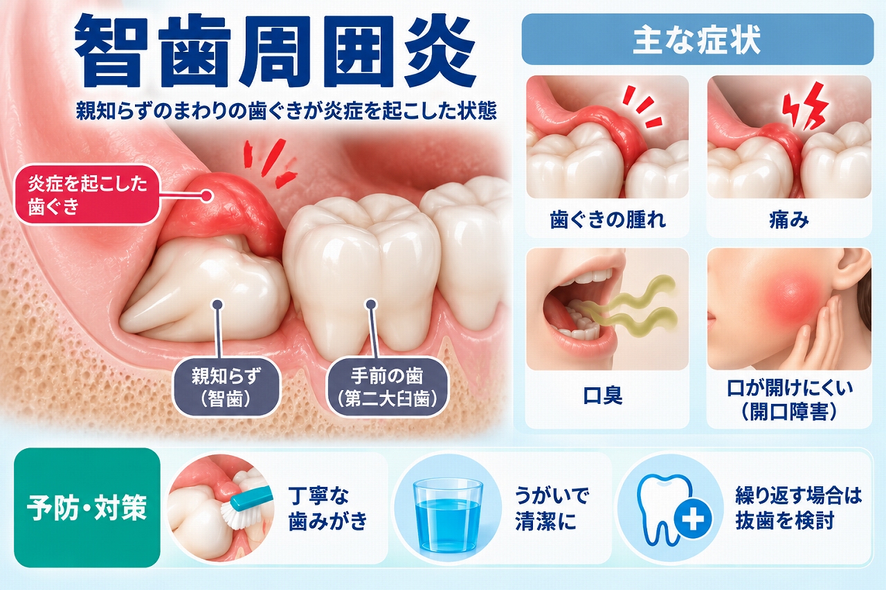 智歯周囲炎について、親知らず周囲の歯ぐきに炎症が起こり、腫れや痛み、口臭、口が開けにくい症状が出る状態を示した図