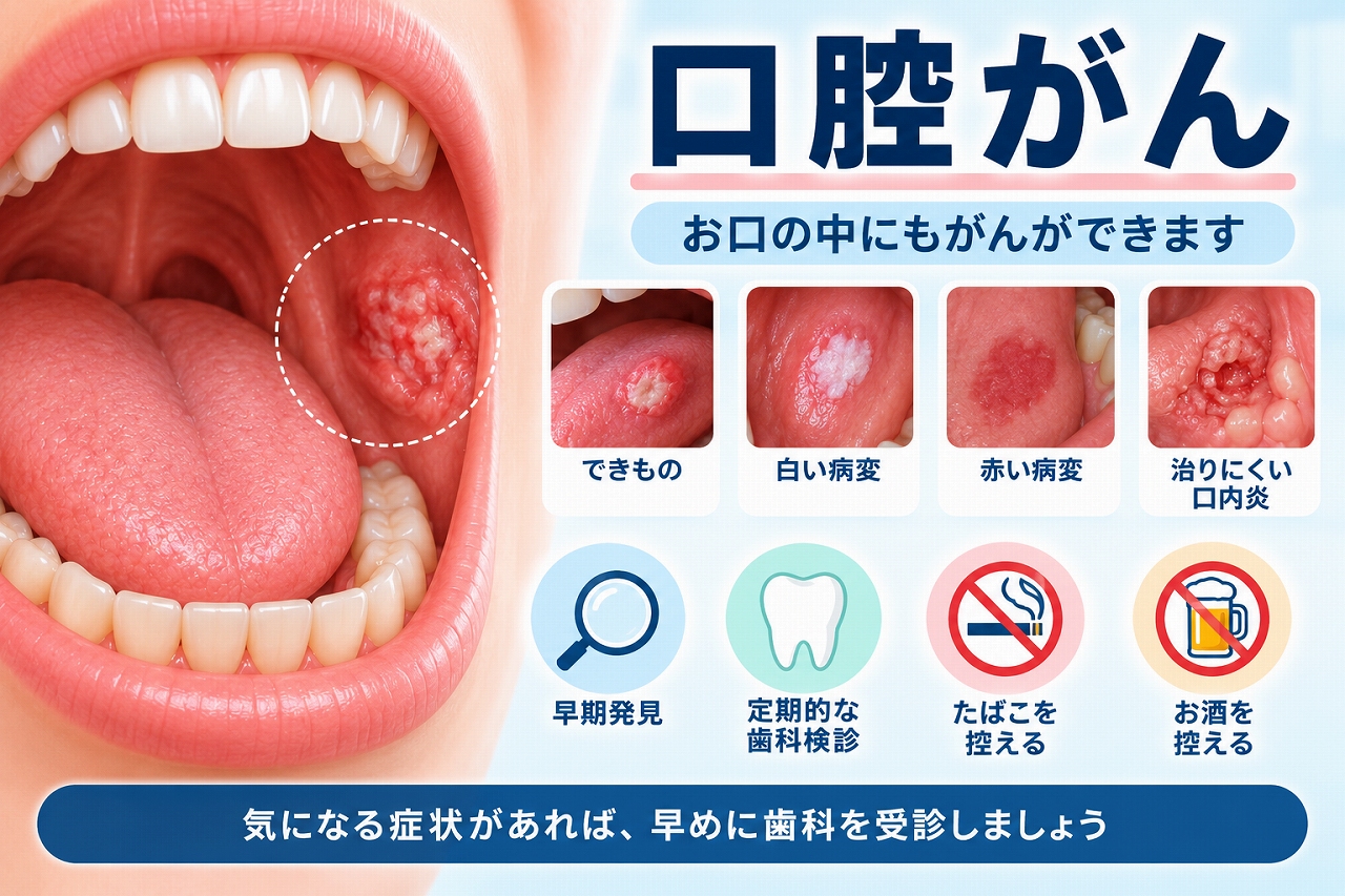 口腔がんにみられる口の中のできもの、白い病変、赤い病変、治りにくい口内炎などの特徴を示したイラスト