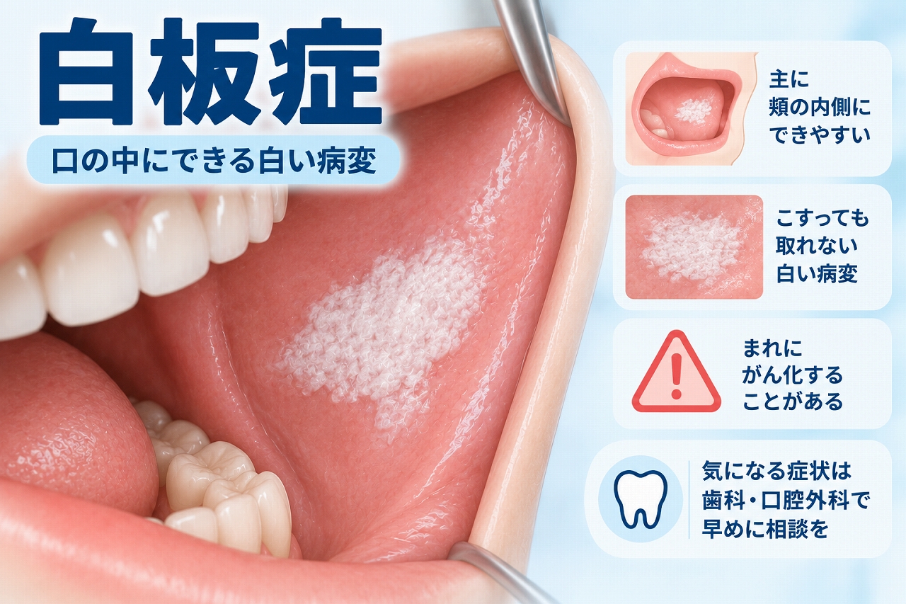 白板症によって頬の内側にこすっても取れない白い病変ができた状態と、早めの検査が大切であることを示した歯科イラスト