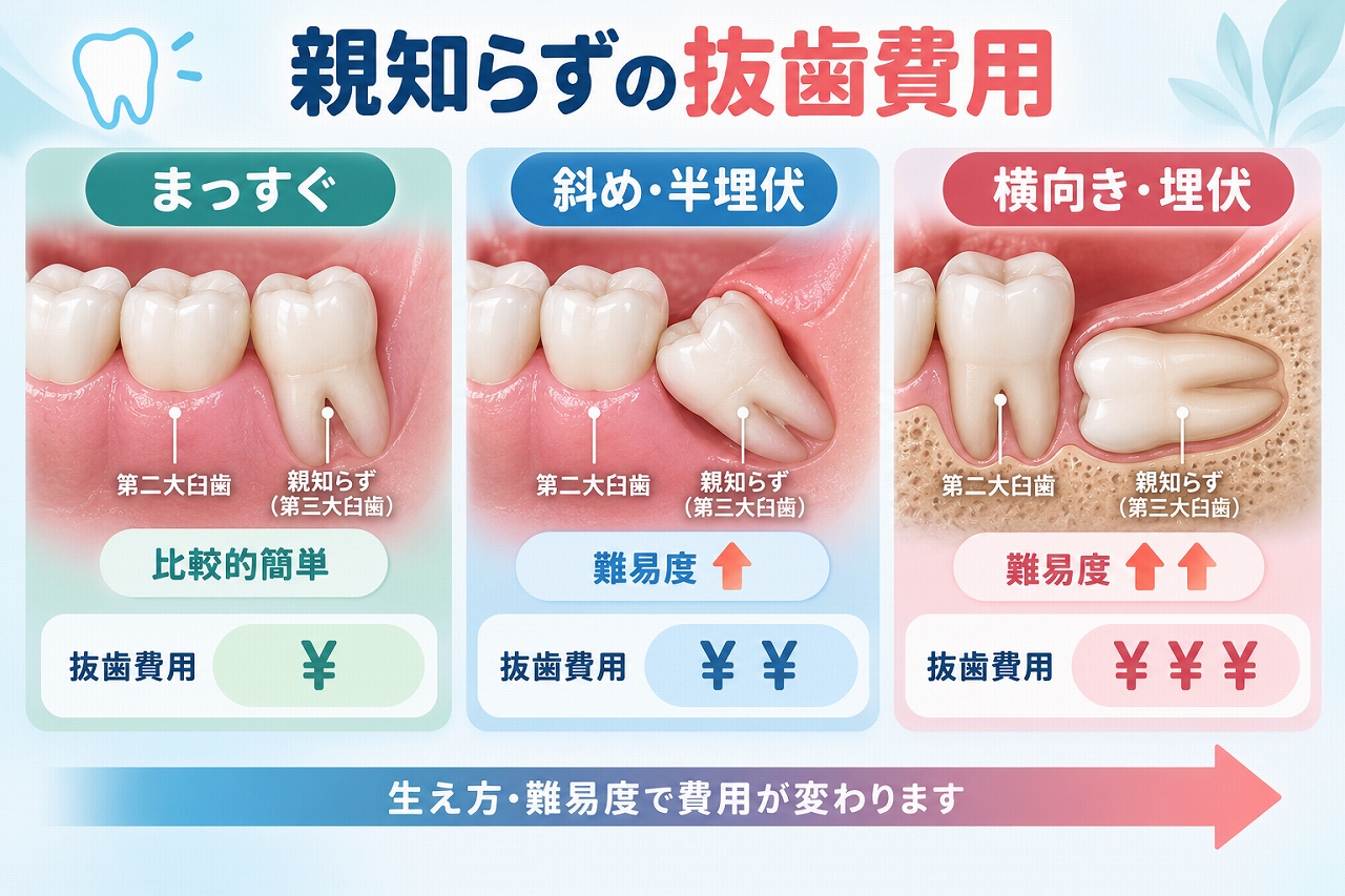 親知らずの抜歯費用を、まっすぐ・斜めの半埋伏・横向きの埋伏の3種類に分けて、抜歯難易度と費用の違いを示したイラスト