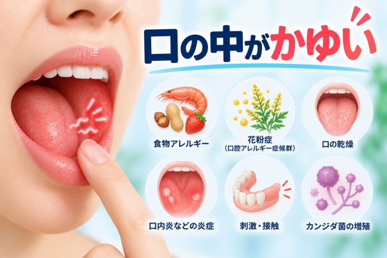 口の中がかゆい症状と、食物アレルギー・花粉症・口の乾燥・炎症・刺激・カンジダ症などの原因を示したイラスト
