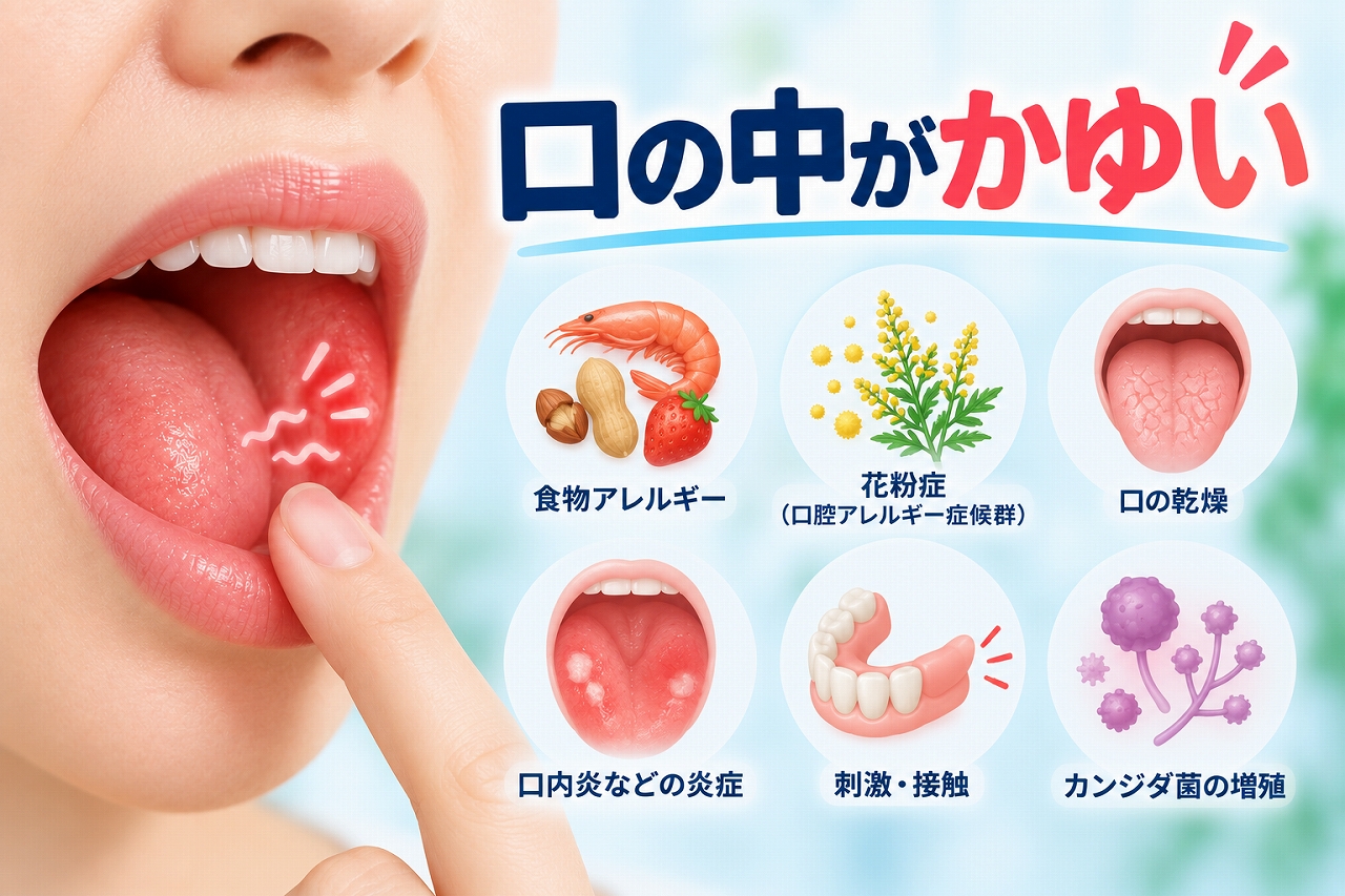 口の中がかゆい症状と、食物アレルギー・花粉症・口の乾燥・炎症・刺激・カンジダ症などの原因を示したイラスト
