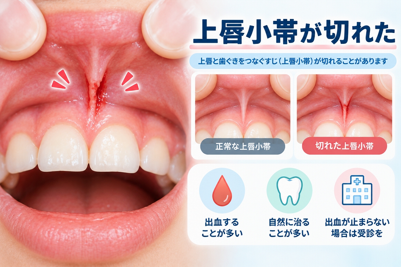 上唇小帯が切れて出血している状態と、正常な上唇小帯との違い、受診の目安を示した歯科イラスト