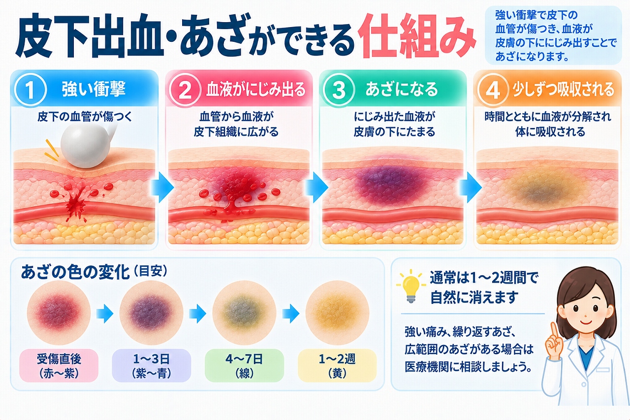 皮下出血やあざができる仕組みを、衝撃で皮下の血管が傷つき、血液が皮下組織ににじみ出てあざとなり、時間とともに分解・吸収されて色が変化しながら消えていく過程で示した図