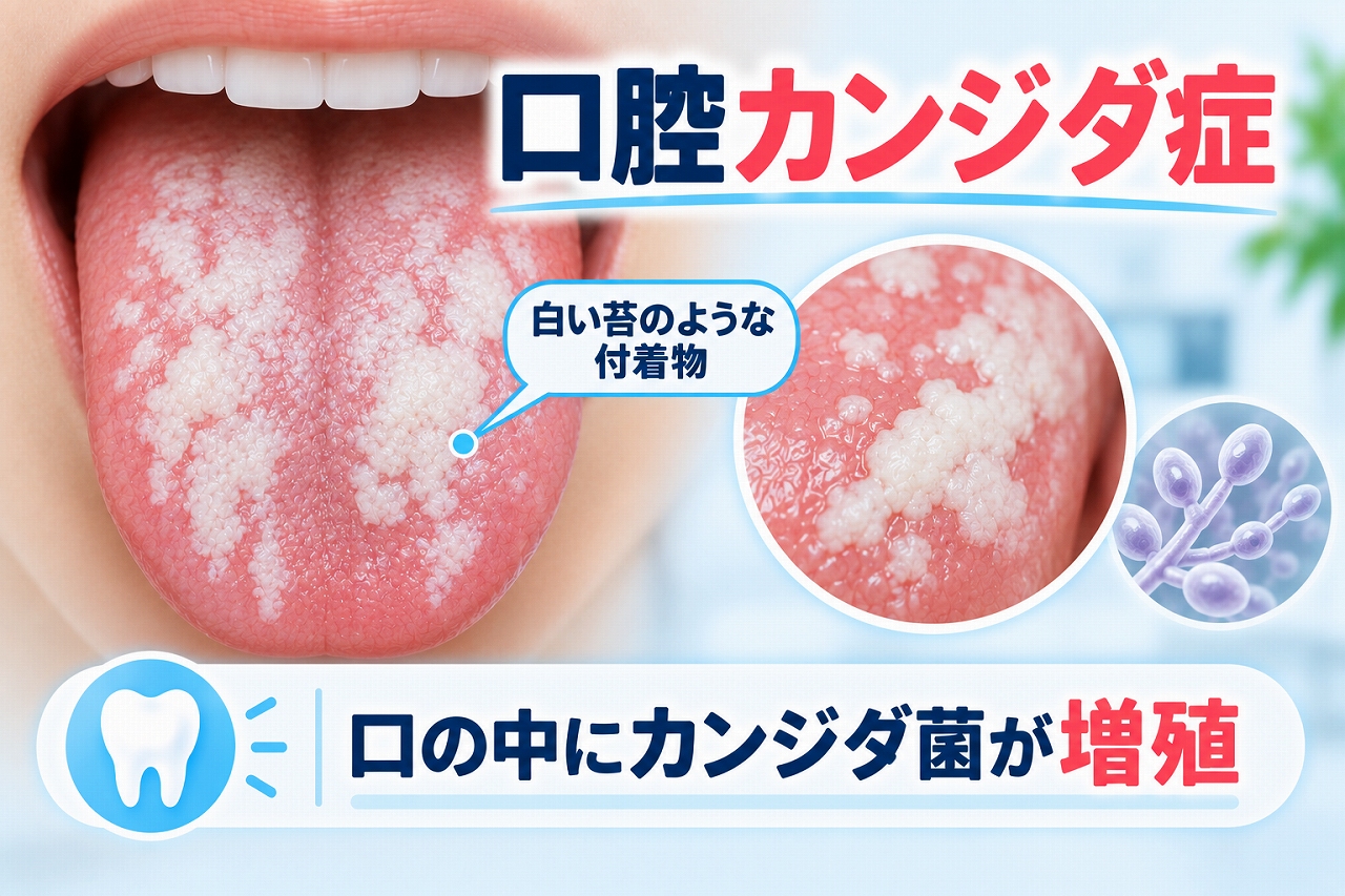 口腔カンジダ症で舌に白い苔のような付着物が現れた状態を示したイラスト