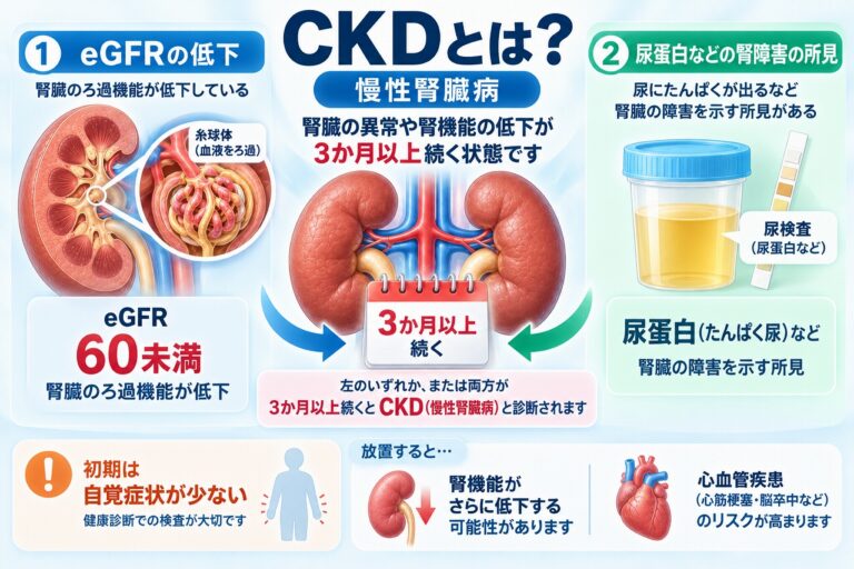 CKD（慢性腎臓病）について、eGFR60未満の腎機能低下や尿蛋白などの腎障害を示す所見が3か月以上続く状態を図解したインフォグラフィック