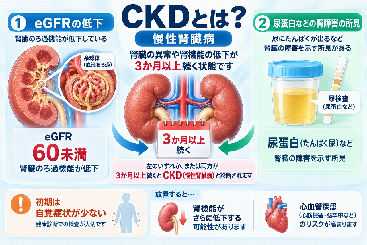 CKD（慢性腎臓病）について、eGFR60未満の腎機能低下や尿蛋白などの腎障害を示す所見が3か月以上続く状態を図解したインフォグラフィック
