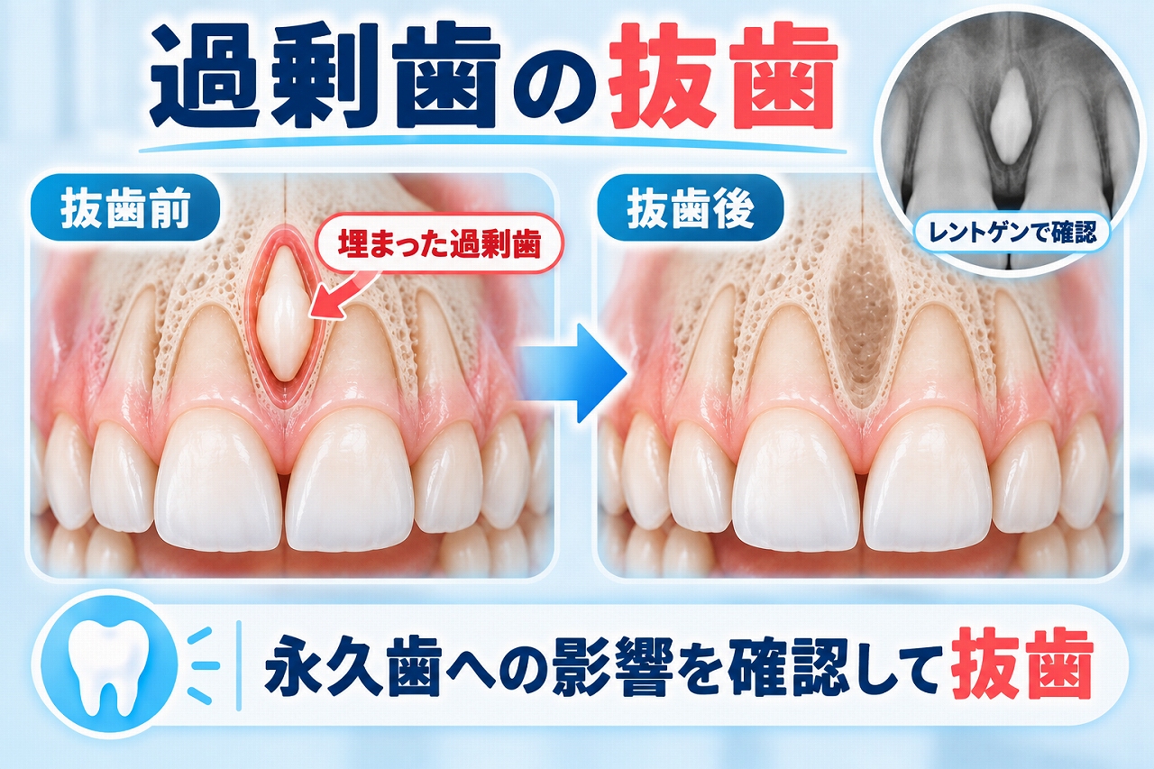 上顎前歯の間に埋伏した過剰歯について、抜歯前と抜歯後の状態を比較したイラスト