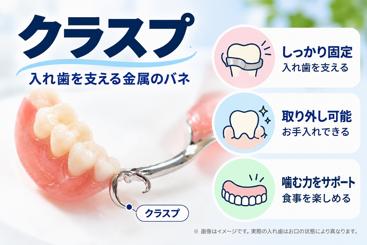 クラスプについて、部分入れ歯に付いた金属の留め具が残っている歯にかかり、入れ歯を安定させる仕組みを示した歯科イラスト