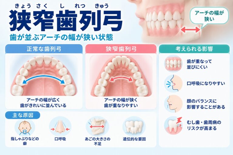 狭窄歯列弓について、正常な歯列弓と幅の狭い歯列弓を比較し、歯が並ぶスペース不足や歯並びへの影響を示した歯科イラスト