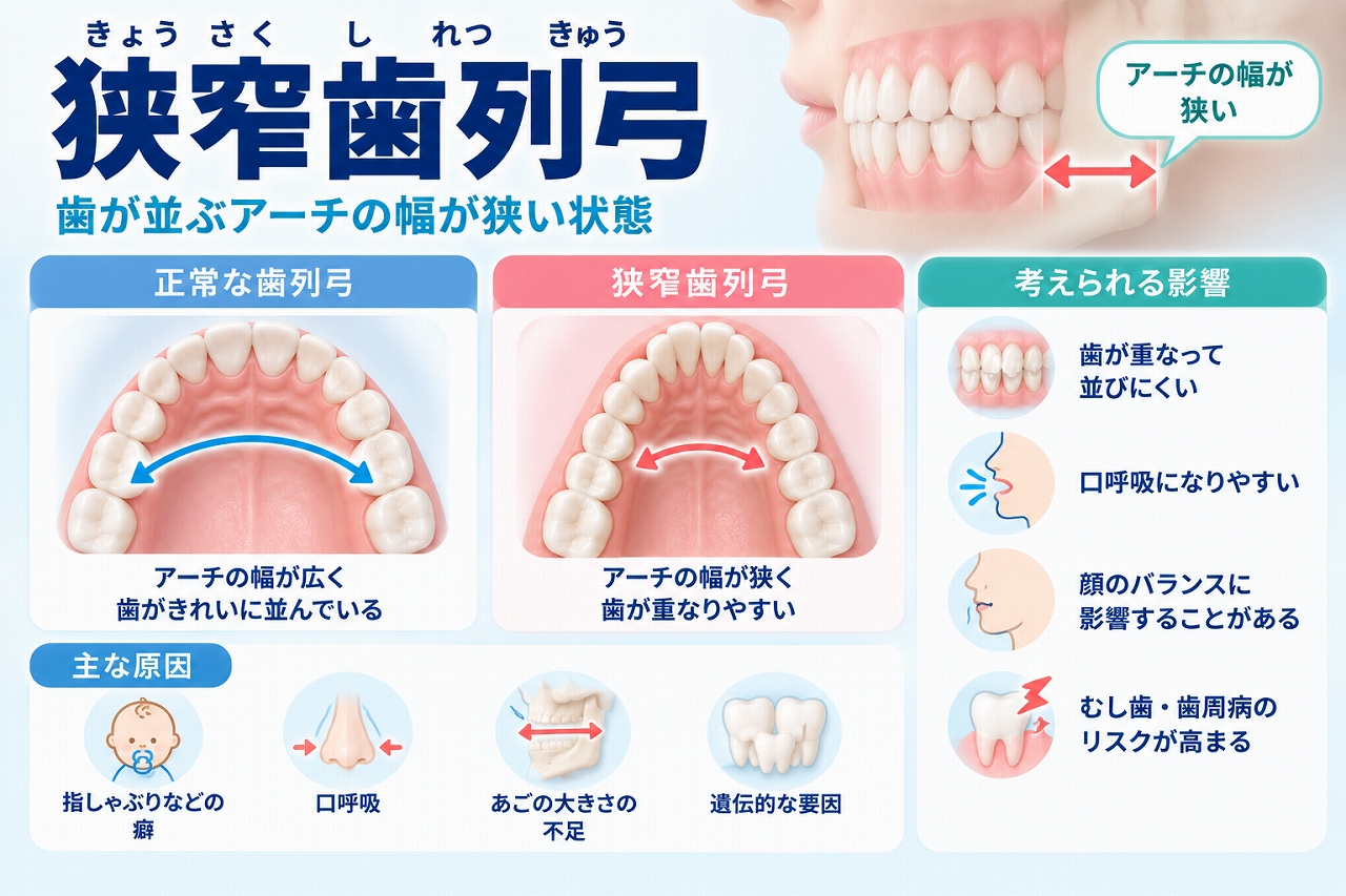 狭窄歯列弓について、正常な歯列弓と幅の狭い歯列弓を比較し、歯が並ぶスペース不足や歯並びへの影響を示した歯科イラスト