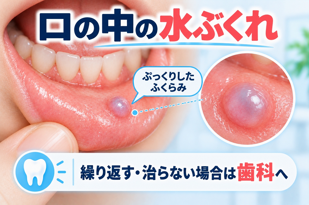 下唇の内側にできた透明から青紫色の水ぶくれ状のふくらみを示したイラスト