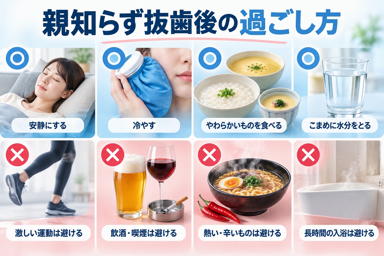 親知らず抜歯後の過ごし方として安静や食事、水分補給と、運動・飲酒・喫煙・長時間の入浴を避けることを示したイラスト