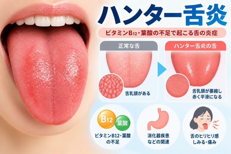 ハンター舌炎で舌乳頭が萎縮し、舌が赤くつるつるした平滑な状態になる特徴を正常な舌と比較したイラスト
