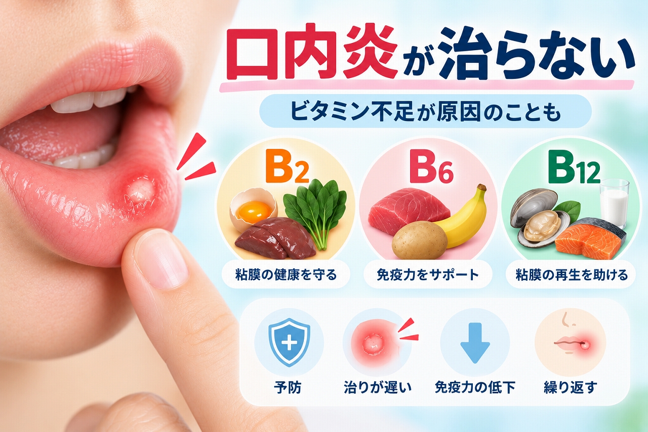 口内炎が治らない場合に関係することがあるビタミン不足と、ビタミンB2・B6・B12を含む食品を示したイラスト