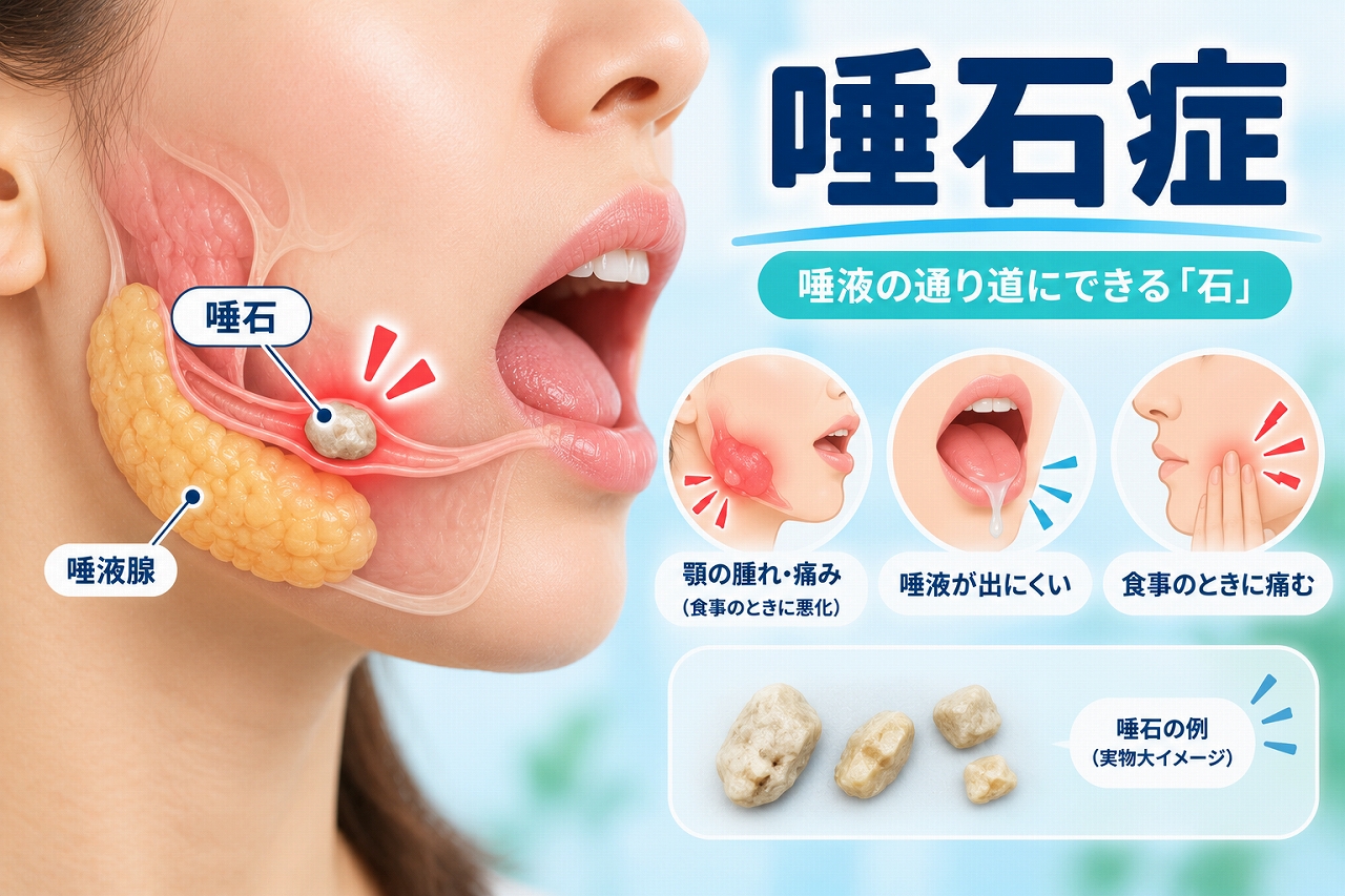 唾液の通り道に唾石が詰まり、顎の腫れや痛み、唾液の出にくさ、食事中の痛みが起こる唾石症を示したイラスト