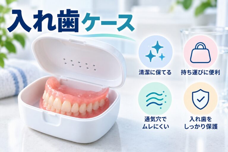 入れ歯ケースに義歯を保管する様子と、清潔な保管・持ち運び・通気・入れ歯の保護といった役割を示したイメージ
