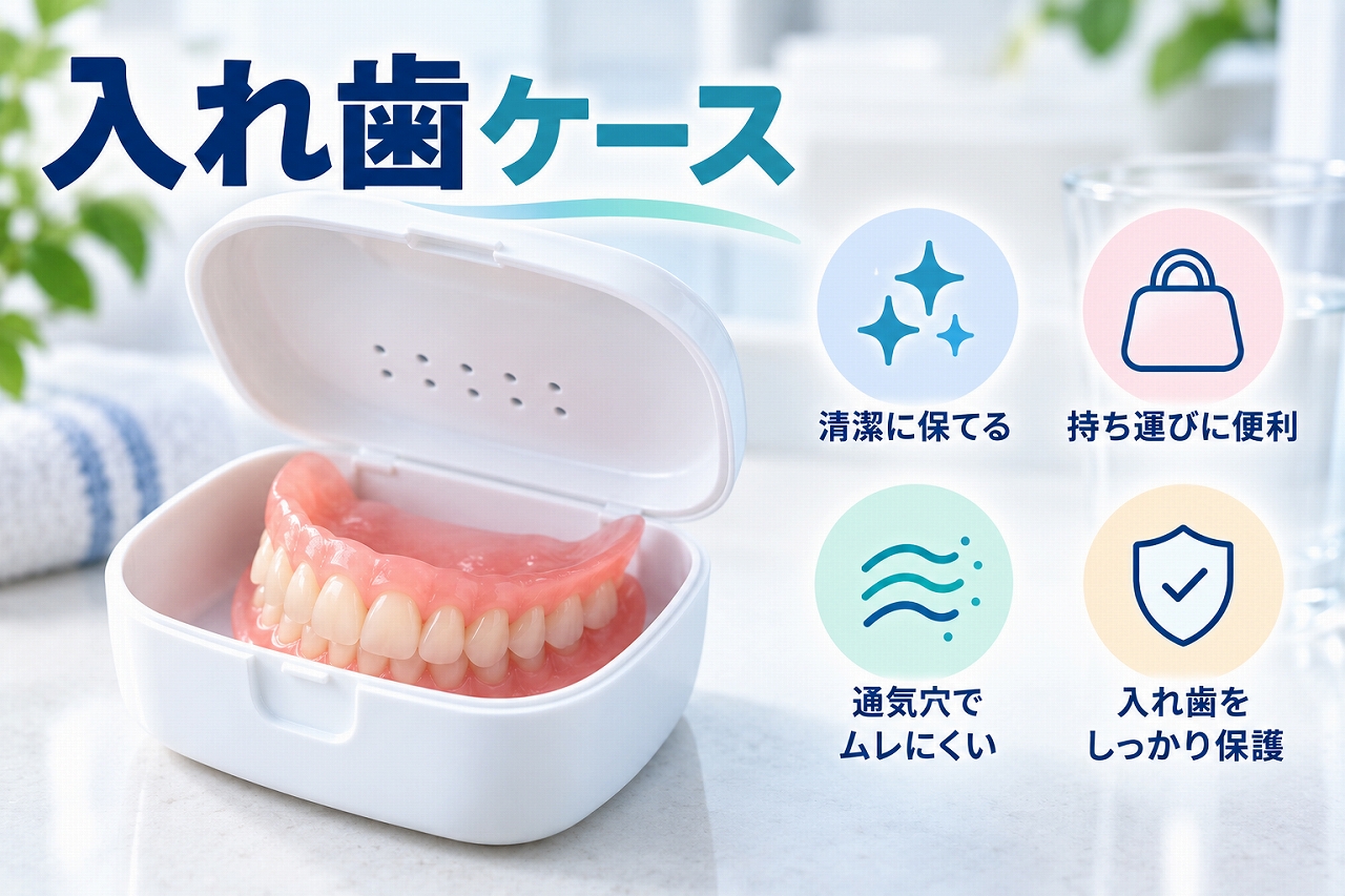 入れ歯ケースに義歯を保管する様子と、清潔な保管・持ち運び・通気・入れ歯の保護といった役割を示したイメージ