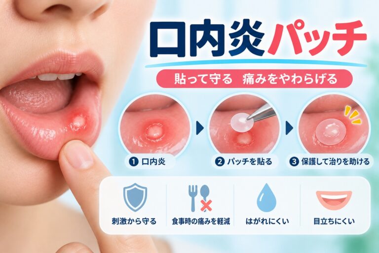 口内炎の患部にパッチを貼り、食事などの刺激から保護して痛みをやわらげる使い方を示したイラスト