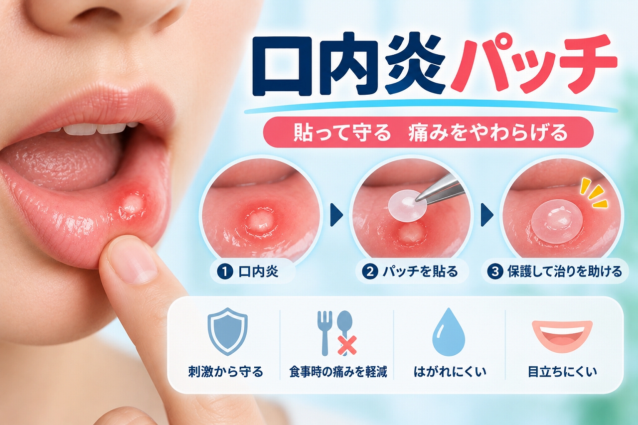 口内炎の患部にパッチを貼り、食事などの刺激から保護して痛みをやわらげる使い方を示したイラスト