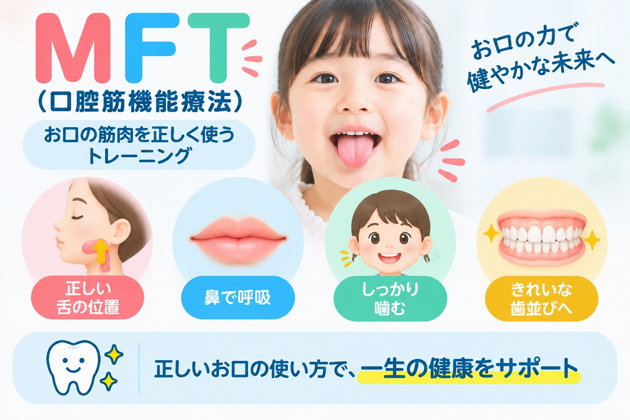 MFT（口腔筋機能療法）で舌や唇など口まわりの筋肉をトレーニングし、正しい舌の位置や鼻呼吸、噛み方を身につけることを示した歯科イラスト