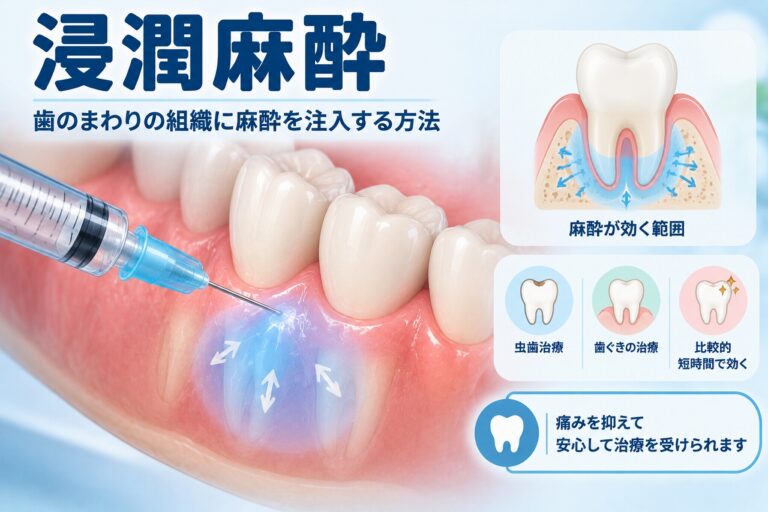 浸潤麻酔で歯ぐきに麻酔薬を注入し、歯の周囲の組織へ麻酔を浸透させて痛みを抑える仕組みを示した歯科イラスト