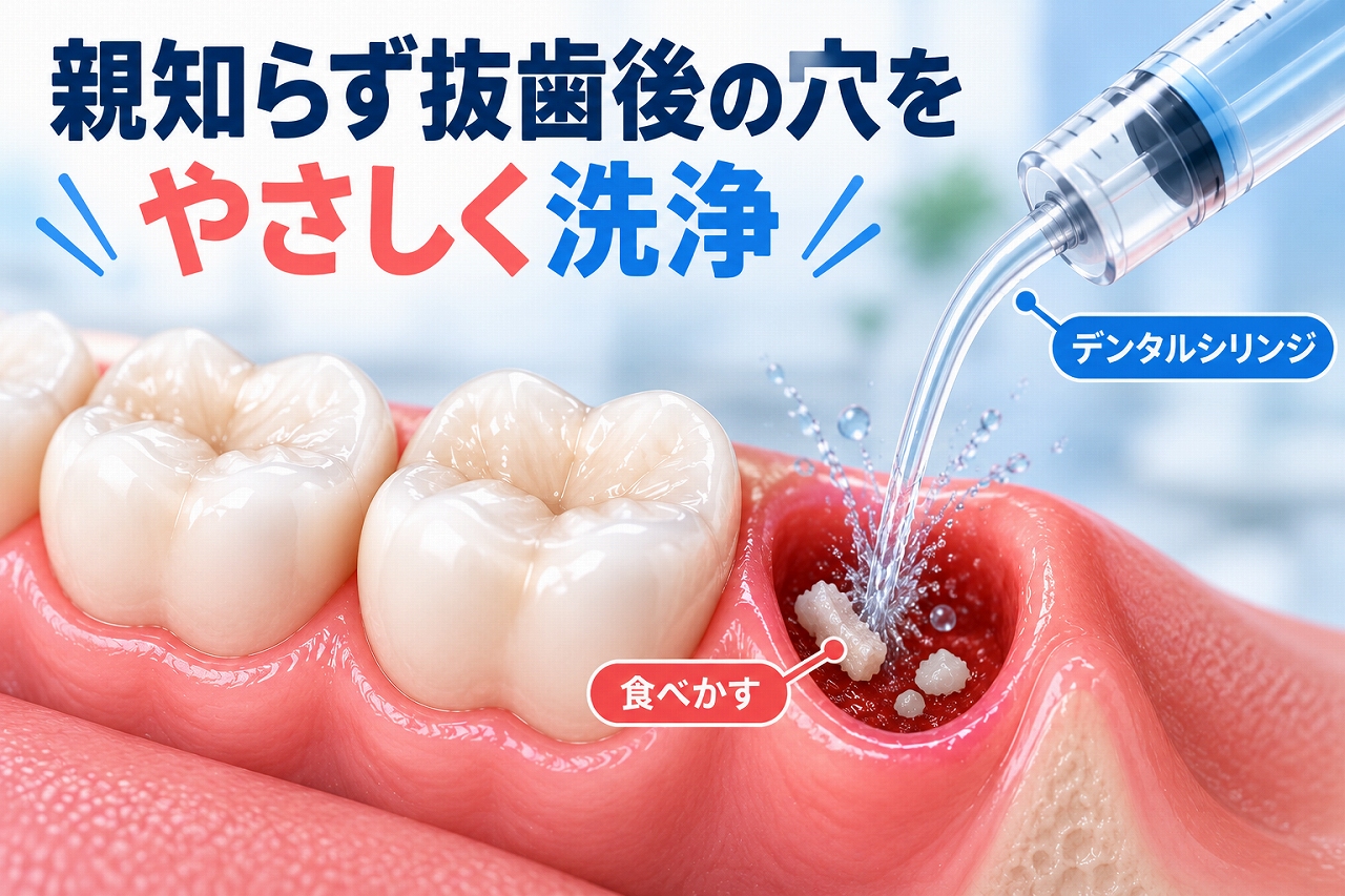 親知らず抜歯後の穴に詰まった食べかすをデンタルシリンジでやさしく洗浄する様子を示したイラスト