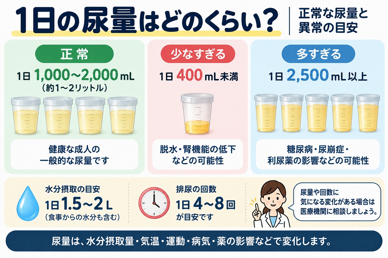 成人の1日の正常な尿量と異常の目安を比較した医療インフォグラフィック。正常な尿量は約1,000～2,000mL、400mL未満は乏尿、2,500mL以上は多尿の目安として、水分摂取量や排尿回数、尿量が変化する原因を図解。