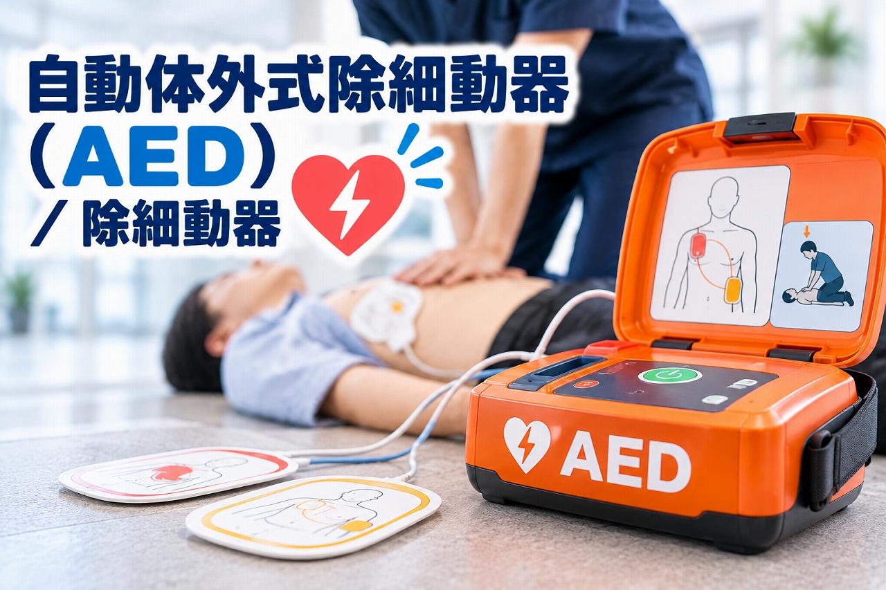 自動体外式除細動器（AED）の医療用アイキャッチ画像。オレンジ色のAED本体と電極パッドを大きく配置し、背景には倒れた人に胸骨圧迫を行う救助者を描いている。AEDのふたには電極パッドの装着位置を示すイラストがあり、心停止時の心肺蘇生とAEDの使用を紹介している。