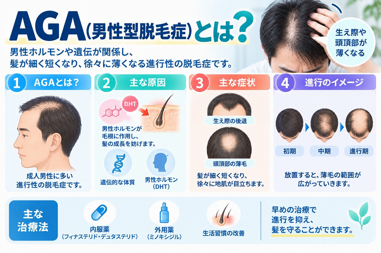 AGA（男性型脱毛症）とは、男性ホルモンの一種であるDHTや遺伝的要因などが関係し、毛髪の成長期が短くなることで、生え際の後退や頭頂部の薄毛が徐々に進行する脱毛症で、主な原因・症状・進行の特徴を示した図