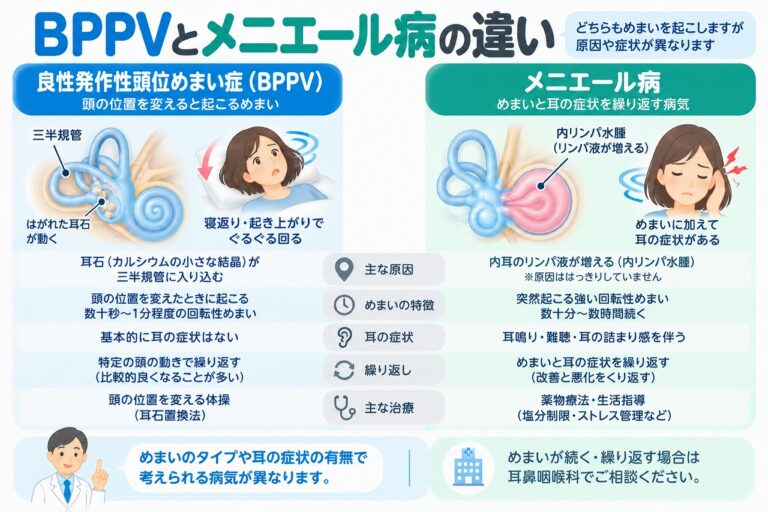 BPPVとメニエール病の違い｜めまいの特徴・耳の症状・原因・治療を比較