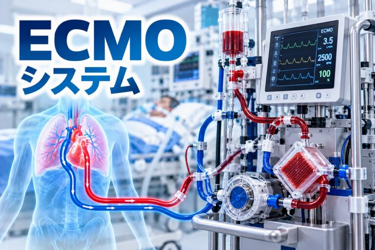 ECMOシステム（体外式膜型人工肺）の医療用アイキャッチ画像。集中治療室に設置されたECMO装置の血液ポンプ、人工肺、赤色と青色の血液回路、監視モニターを大きく描いている。左側には心臓と肺、体外循環の模式図を配置し、重症患者の血液を体外で酸素化して体内に戻すECMOの仕組みを紹介している。