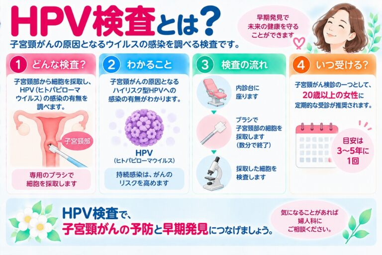 HPV検査について解説したインフォグラフィック。子宮頸部から採取した検体を用いて、子宮頸がんの原因となるハイリスク型HPV（ヒトパピローマウイルス）への感染の有無を調べる検査の目的や方法、検査の流れについて紹介