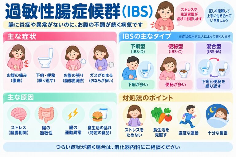 過敏性腸症候群（IBS）とは？下痢型・便秘型・混合型の症状と原因を図解