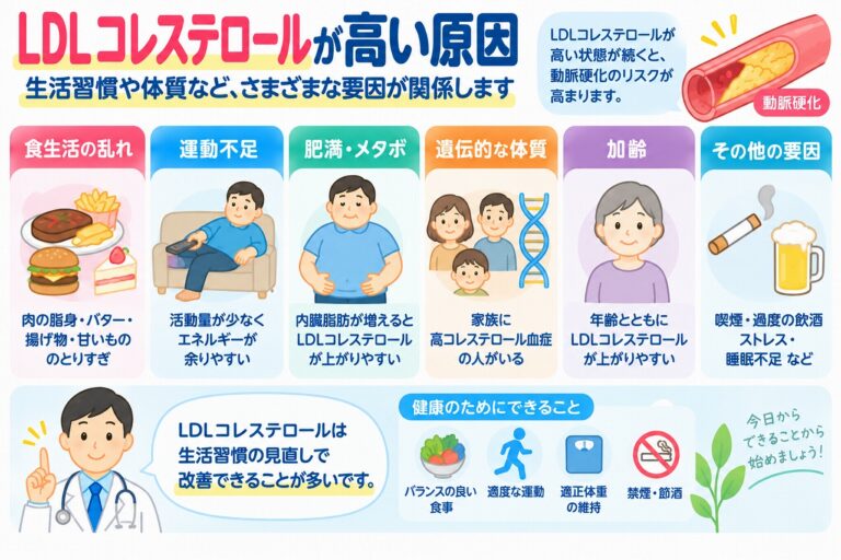 LDLコレステロールが高い原因とは？食生活・遺伝・加齢との関係を図解