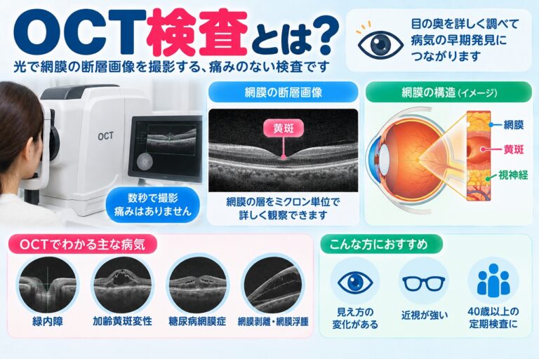 OCT検査について解説したインフォグラフィック。光を使って網膜や黄斑、視神経などの断層画像を撮影し、緑内障、加齢黄斑変性、糖尿病網膜症、網膜剥離・網膜浮腫などの早期発見に役立つ検査を紹介