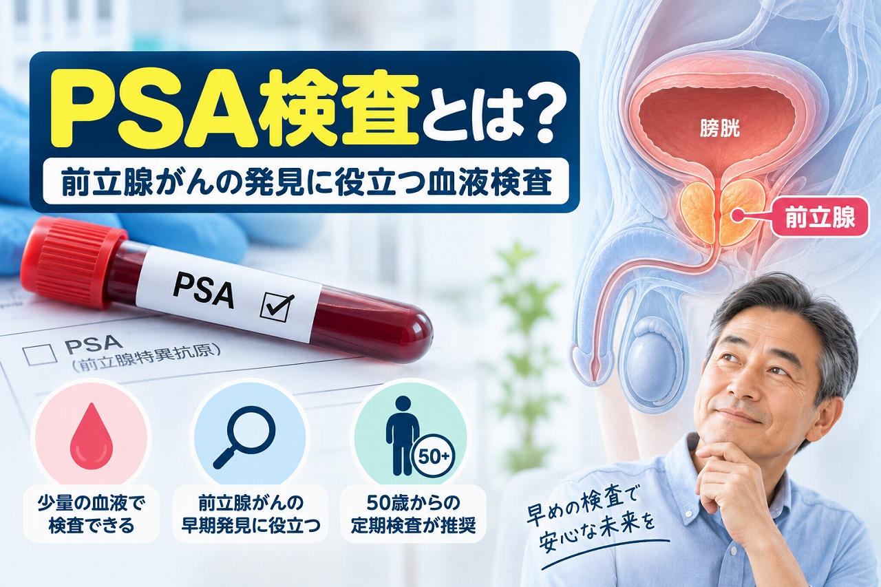 PSA検査（前立腺特異抗原検査）を解説した医療インフォグラフィック。PSAと表示された採血管、中高年男性、膀胱・前立腺・尿道の解剖模式図を配置し、少量の採血による検査、前立腺がんの早期発見、50歳からの検診について図解。