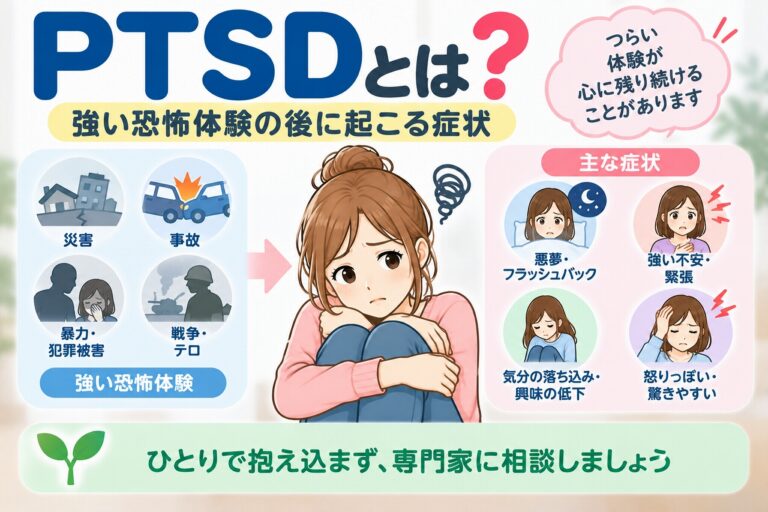 PTSD（心的外傷後ストレス症）の原因や主な症状を解説した医療インフォグラフィック。災害、交通事故、暴力、犯罪被害、戦争などの強い恐怖体験と、悪夢、フラッシュバック、強い不安、緊張、気分の落ち込み、過敏な反応などの症状をイラストで紹介。専門家による治療や心理的支援の重要性を図解。