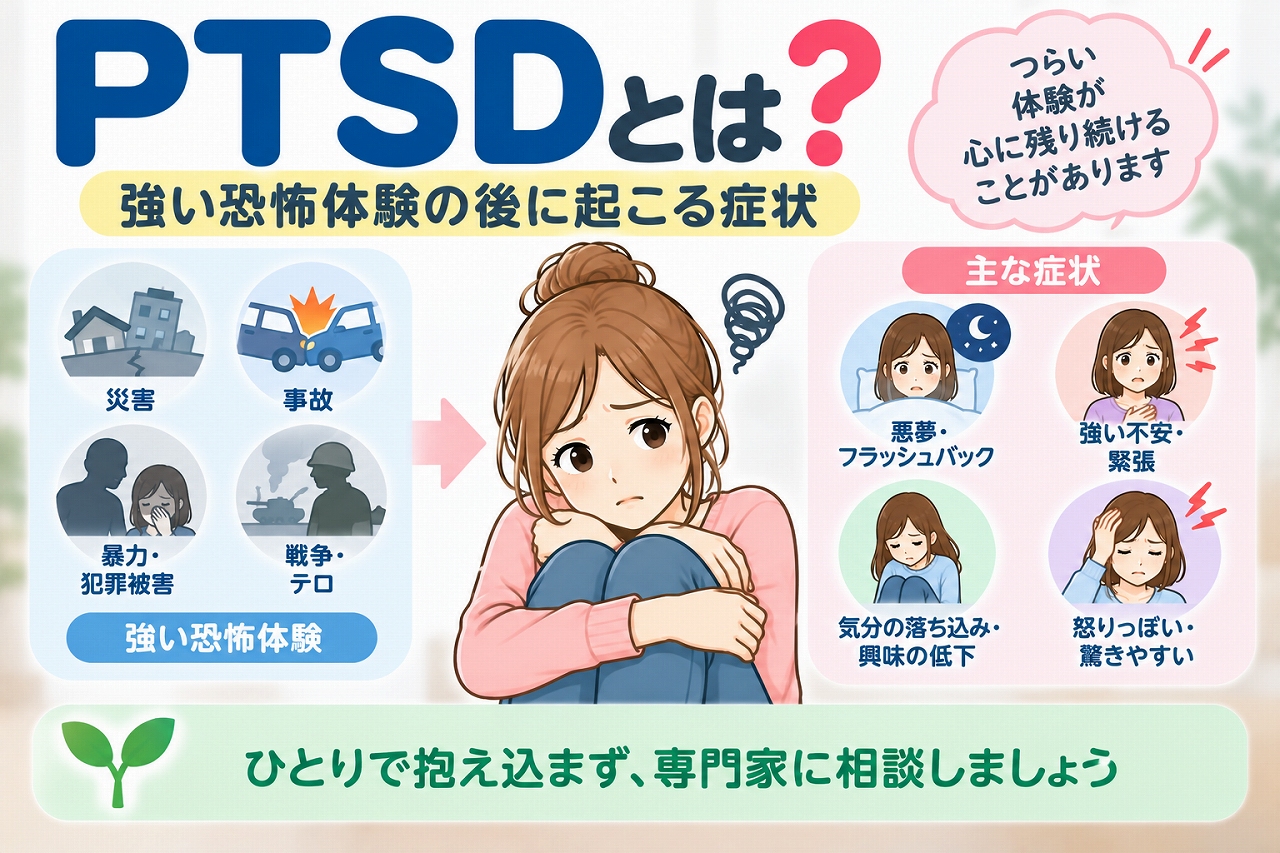 PTSD(心的外傷後ストレス症)の原因や主な症状を解説した医療インフォグラフィック。災害、交通事故、暴力、犯罪被害、戦争などの強い恐怖体験と、悪夢、フラッシュバック、強い不安、緊張、気分の落ち込み、過敏な反応などの症状をイラストで紹介。専門家による治療や心理的支援の重要性を図解。
