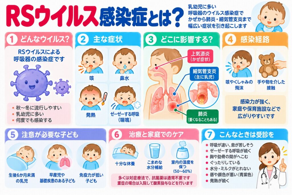 RSウイルス感染症とは？赤ちゃんの咳・発熱・ゼーゼーする呼吸の症状と対処法を図解