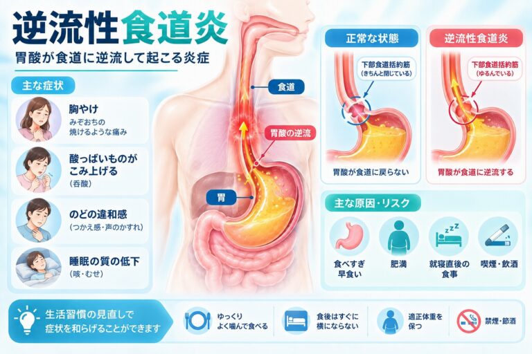 逆流性食道炎について、下部食道括約筋がゆるんで胃酸が食道へ逆流する仕組みと、胸やけ・呑酸・のどの違和感・咳などの症状を示した図