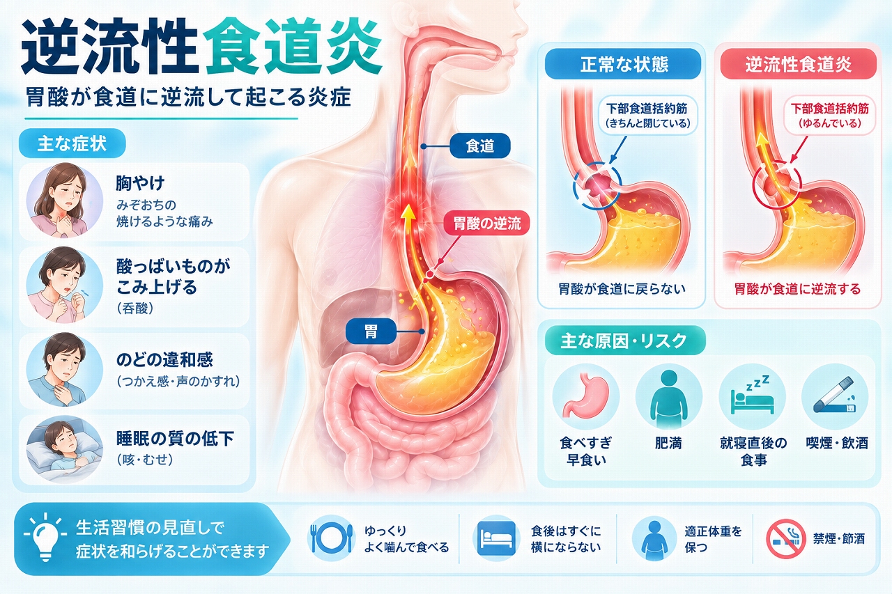 逆流性食道炎について、下部食道括約筋がゆるんで胃酸が食道へ逆流する仕組みと、胸やけ・呑酸・のどの違和感・咳などの症状を示した図